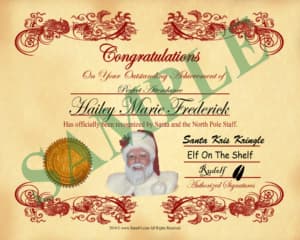 A certificate with santa claus on it.