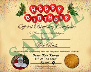 A happy birthday certificate with a santa claus.