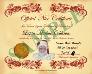 A santa claus certificate with an image of santa claus.