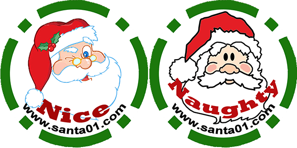 Two santa claus stickers with the words nice and naughty.