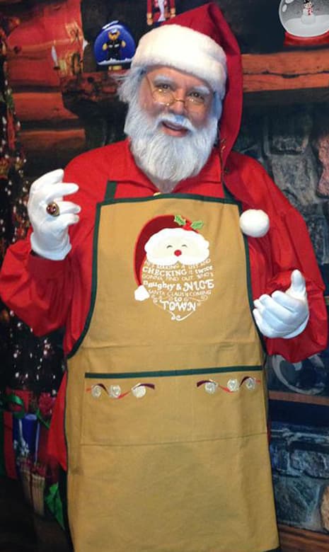A man in a santa claus apron posing in front of a fireplace.