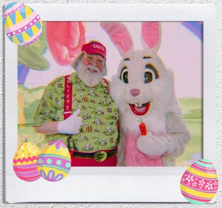 A man and an easter bunny posing for a photo.